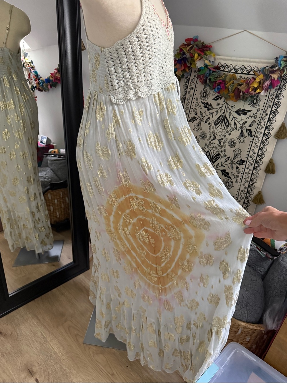 POL Bohemian Maxi Dress in Cream Crochet,Shells Beads, Mustard & Gold Metallic - Picture 4 of 10